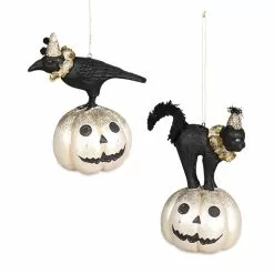 Bethany Lowe All Hallows Eve Crow & Cat On Pumpkin Ornaments New!