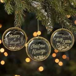Bethany Lowe Black And Gold Christmas Greetings Dome Ornaments