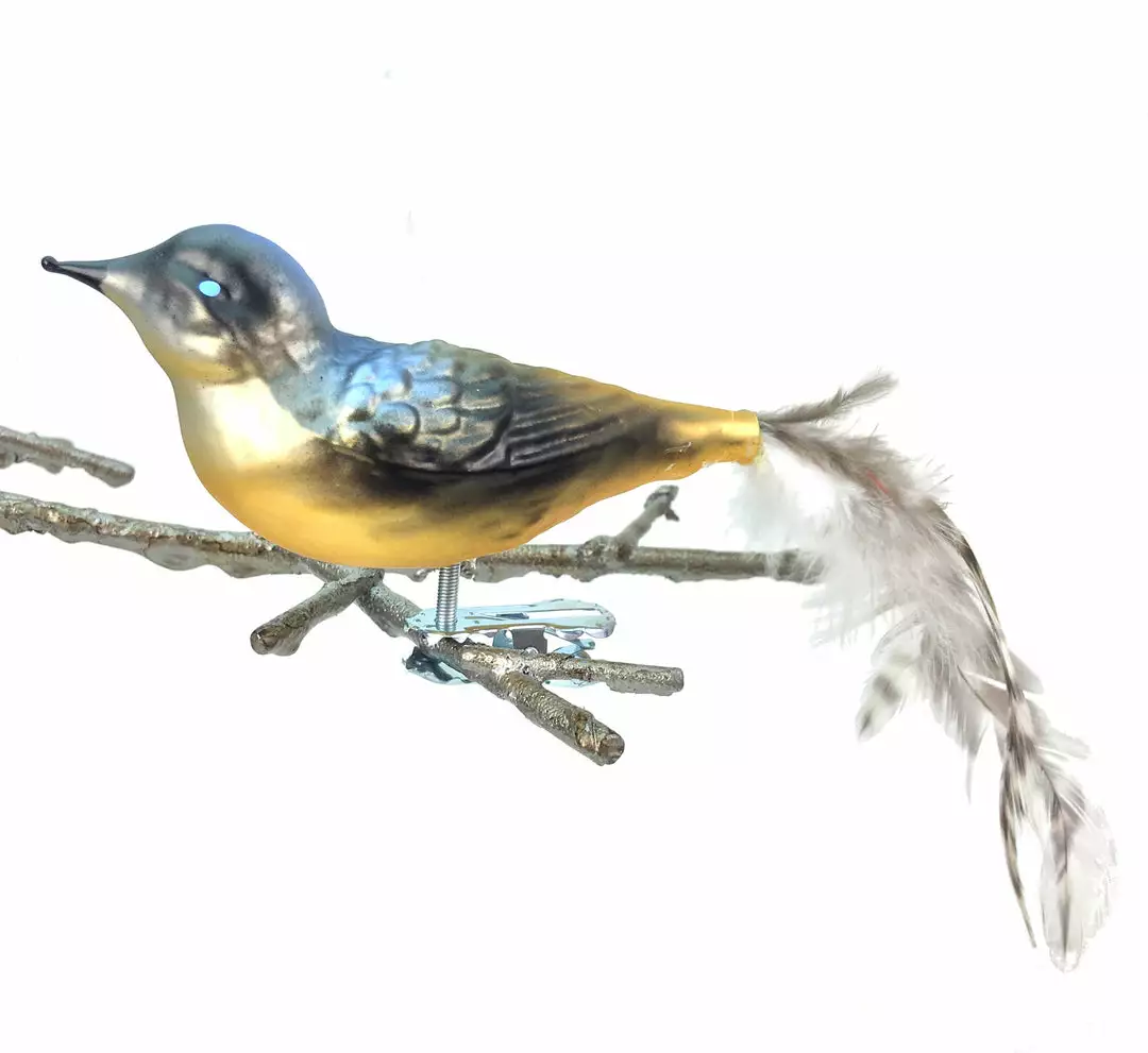 Old German Christmas Blue Gold Glass Bird Clip Ornament With Feathers 3 Old German Christmas Blue Gold Glass Bird Clip Ornament With Feathers