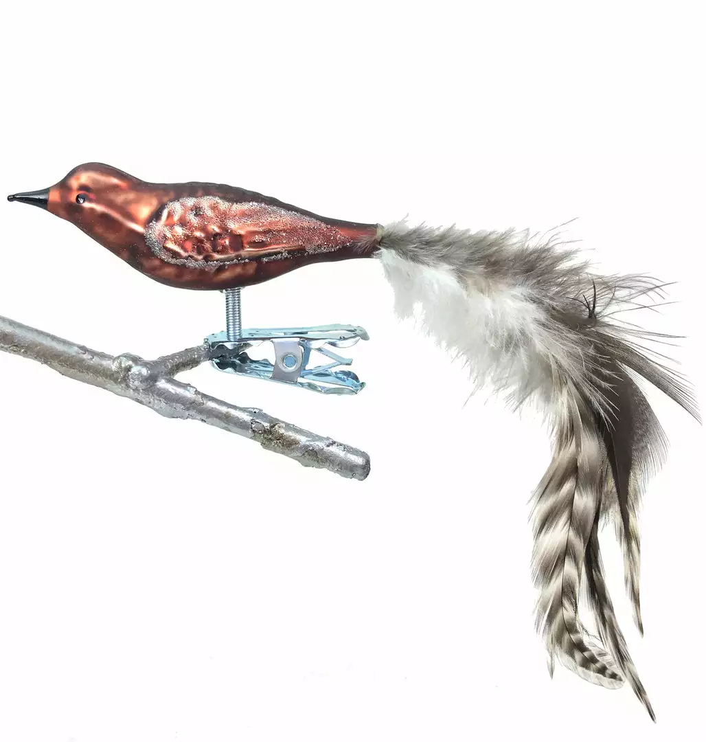 Old German Christmas Bronze Brown Bird German Glass Ornament Clip With Feathers 3 Old German Christmas Bronze Brown Bird German Glass Ornament Clip With Feathers