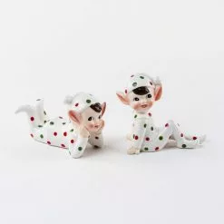 One Hundred 80 Degrees Elves In Polka Dot Pajamas, Ceramic Figurines