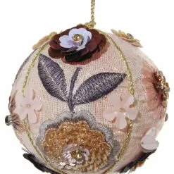 ShiShi Fabric Ball Ornament With Beaded And Embroidered Flowers, Pink Christmas