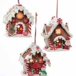 Kurt Adler Gingerbread Cottage Ornaments With Lights New!