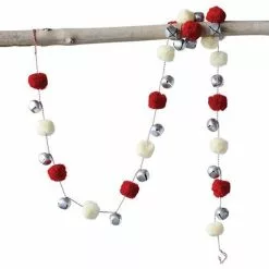 Creative Co-Op Jingle Bell Garland With Red And Cream Pom Poms