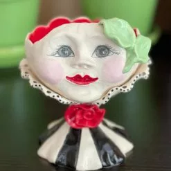 Teyros Lady Head Art Pottery Container, Mac Red New!