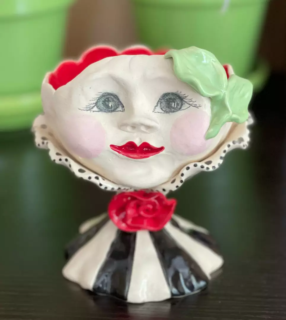 Teyros Lady Head Art Pottery Container, Mac Red New! 3 Teyros Lady Head Art Pottery Container, Mac Red New!