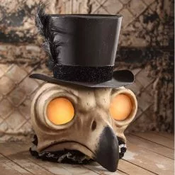 Bethany Lowe Large Owl Skull With Top Hat Container