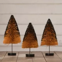 Bethany Lowe Orange Bottle Brush Trees With Black Glitter