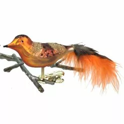 Old German Christmas Orange & Brown Bird With Feathers Ornament Clip