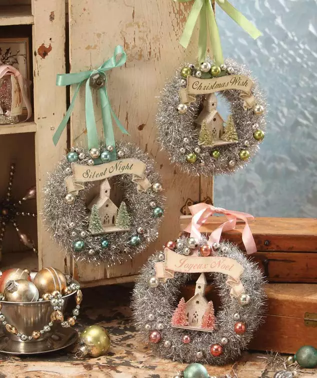 Bethany Lowe Pastel Tinsel Wreaths With Church 3 Bethany Lowe Pastel Tinsel Wreaths With Church