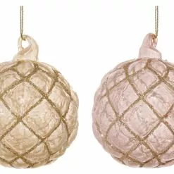 ShiShi Pink & Champange Quilted Glass Ornaments With Glitter, Set Of 4 Christmas
