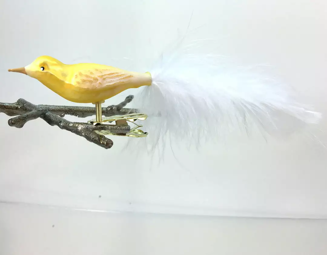 Old German Christmas Small Yellow Bird With White Feather Tail Ornament Clip 3 Old German Christmas Small Yellow Bird With White Feather Tail Ornament Clip