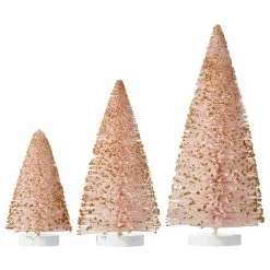 Raz New! Flocked Pink Bottle Brush Trees With Gold Glitter