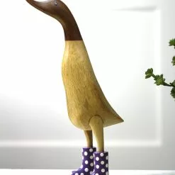 Dcuk New! Wooden Duck With Purple Welly Boots, Large